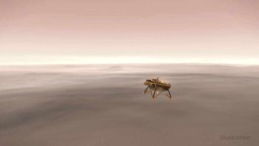 Illustration shows a simulated view of NASA's InSight lander firing retrorockets to slow down as it descends toward the surface of Mars.