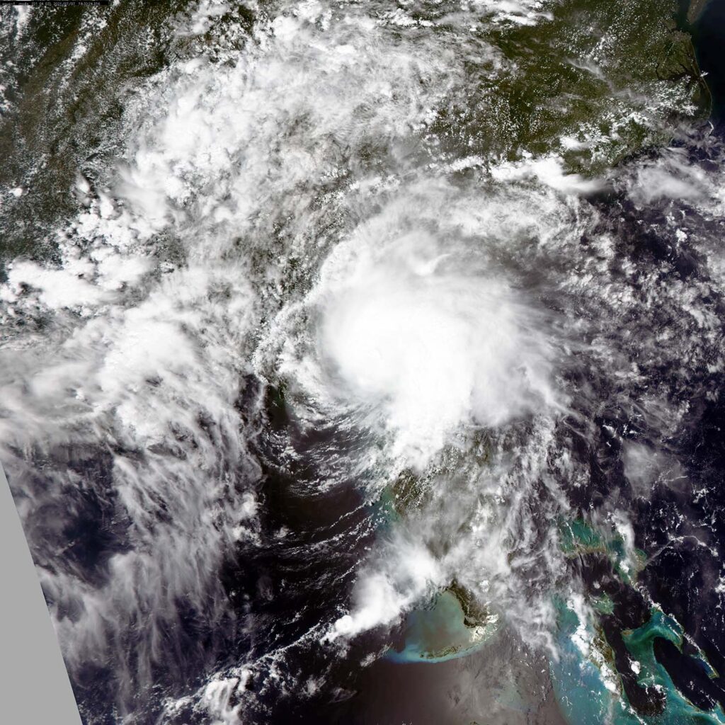 Visible color image from NASA’s Aqua MODIS instrument showing Elsa crossing the upper Gulf coast of Florida